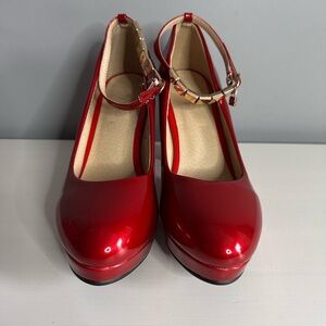 Red Patent Platform Pump, Mary-Jane, Block Heel, NWOT, Sz 8.5, Jewel Ankle Strap